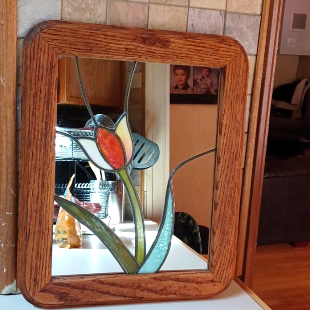 Wooden Vintage  Flower Stained Glass Mirror 15 W x14 L Signed Copper Inl…